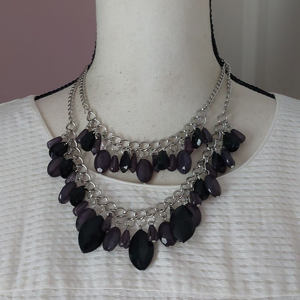 Layered Beaded Fringe Statement Necklace Black Silver Cha Cha Chain